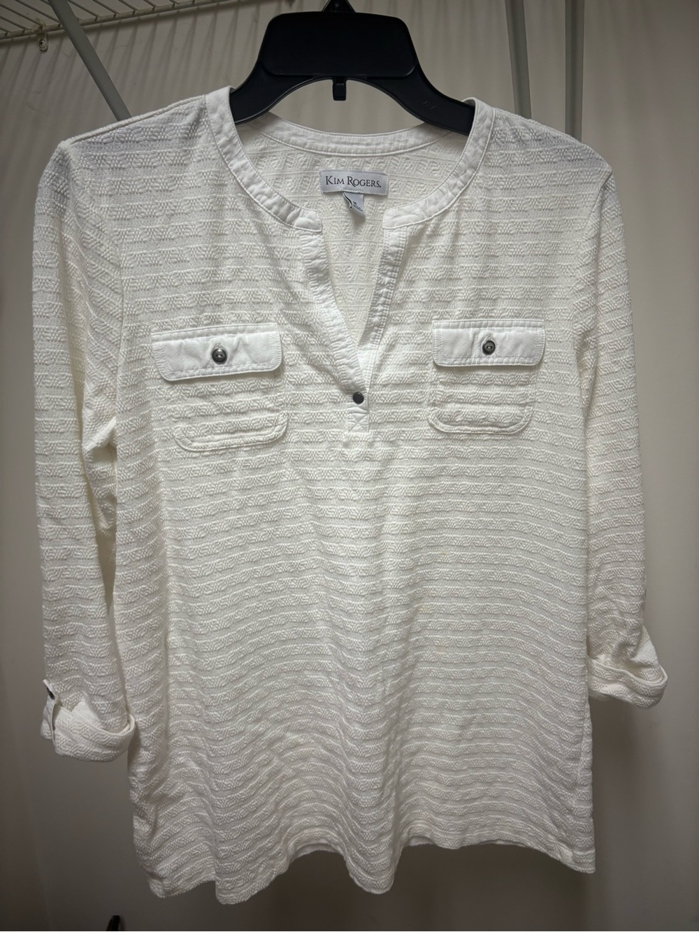 Kim Rogers White Textured Henley Tunic with Chest Pockets